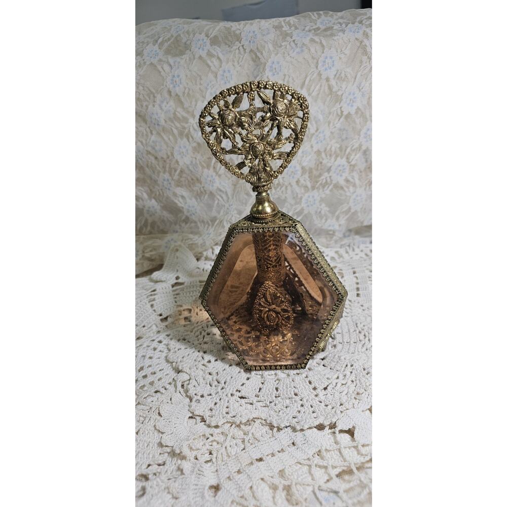 Vintage 3 Panel Beveled Amber Glass Ormolu Gold Filigree Perfume Bottle 8.5"
